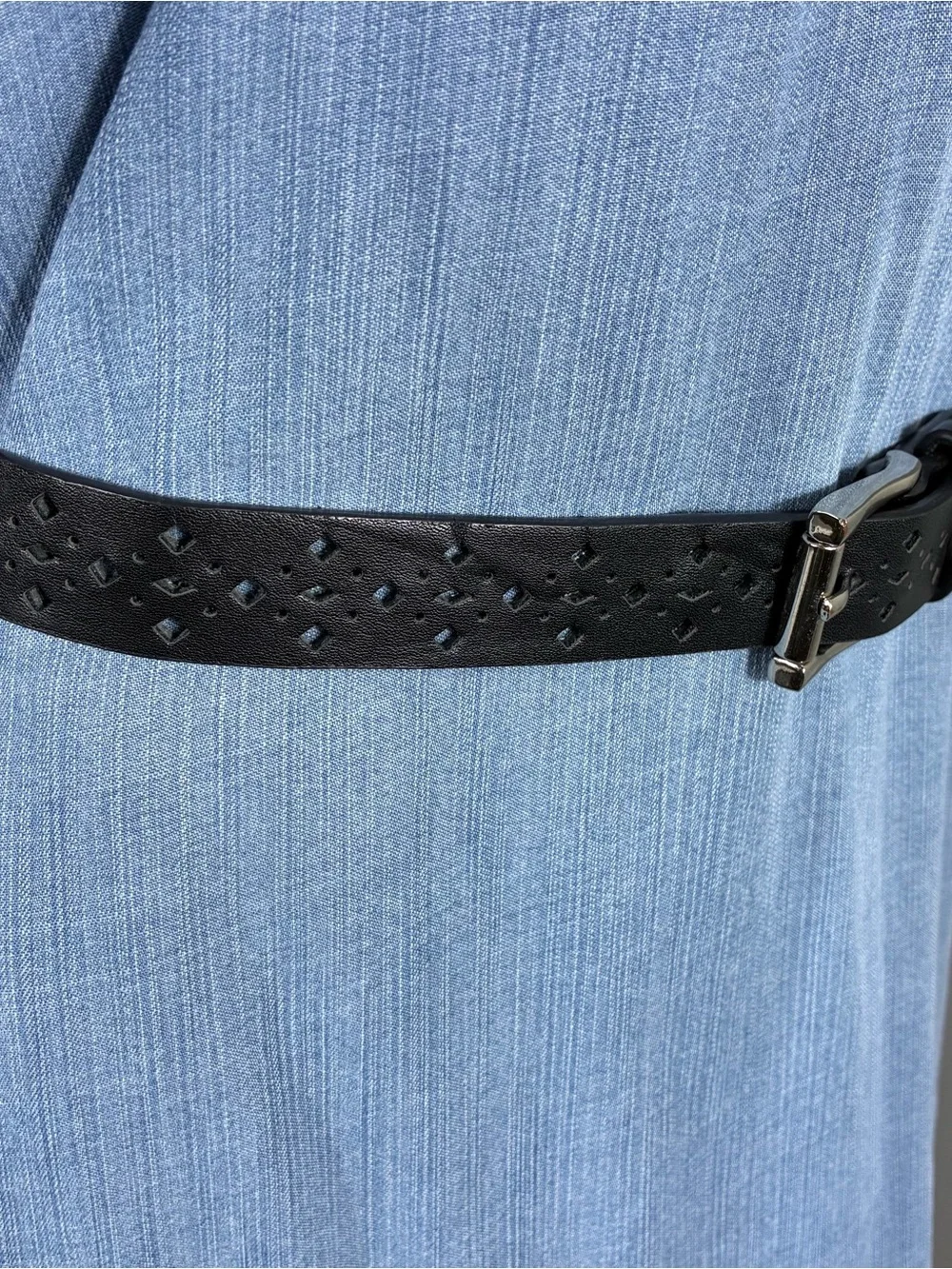 Womens belt Sz Small-Medium black faux leather pierced geometric design